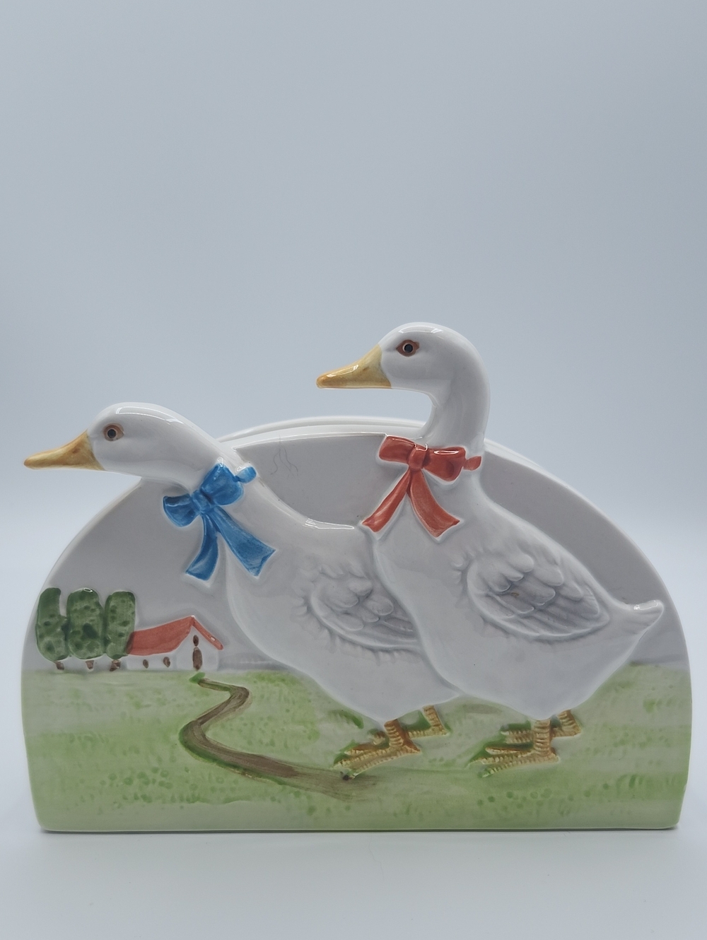 Ceramic Otagiri Duck Napkin/Letter Holder with Blue and Orange Bows